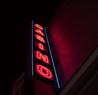 A neon sign is prominently displayed on the side of a building. The sign is vertical and spells out the word 'CASINO' in bold, red neon letters. Surrounding the letters is a blue outline that adds to the vibrancy of the sign against the otherwise dark facade of the building.